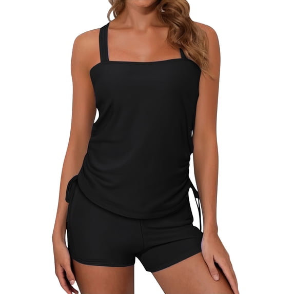 Summer 2 PCs Bathing Suit for Womens Conservative Support Push-Up Tankini Swimsuits Drawstring Spaghetti Strap Bathing Suit No Steel Push Up Cheeky Swimwear Pool Party Beach Swimdress