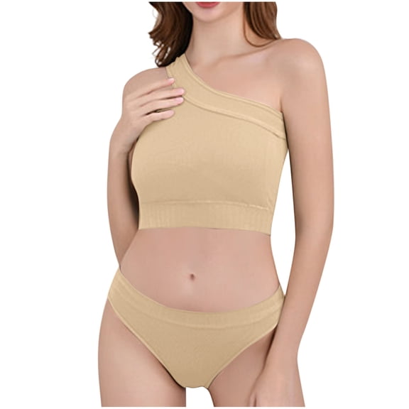 Summer 2 Pc Women's Seamless One Shoulder Comfy Wireless Sports Bras Support Push-Up Underwear With High Waisted Panty Workout Yoga Lingerie Sets