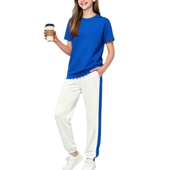Summer 2 Piece Girls Sweatsuit Short Sleeve Crew Neck Tees Elastic Waist Color Block Jogger Pants Casual Loose Outfits (3-4Years, Blue)