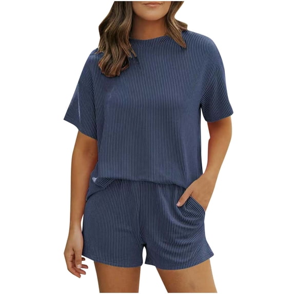 Summer 2 Piece Lounge Set for Women Ribbed Textured Loose Fit Short Sleeve Shirt with Shorts Fashion Casual Outfits