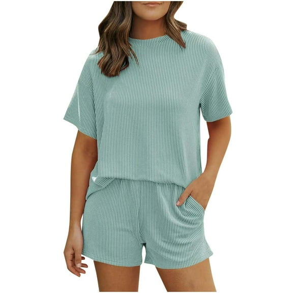 Summer 2 Piece Lounge Set for Women Ribbed Textured Loose Fit Short Sleeve Shirt with Shorts Fashion Casual Outfits