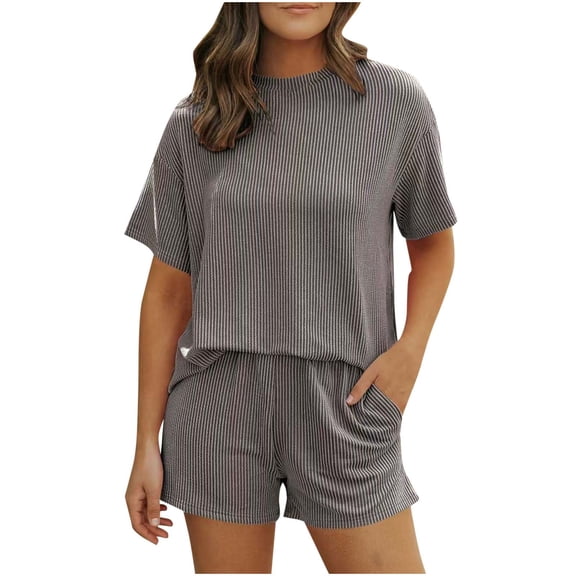Summer 2 Piece Lounge Set for Women Ribbed Textured Loose Fit Short Sleeve Shirt with Shorts Fashion Casual Outfits