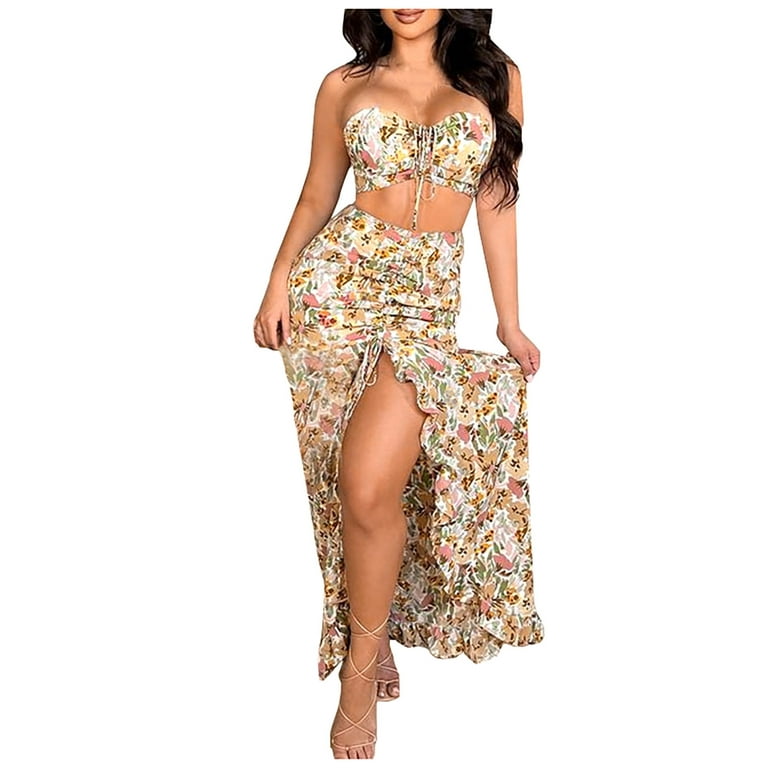 Summer 2 Piece Outfits for Women Vacation Floral Print Skirt Set