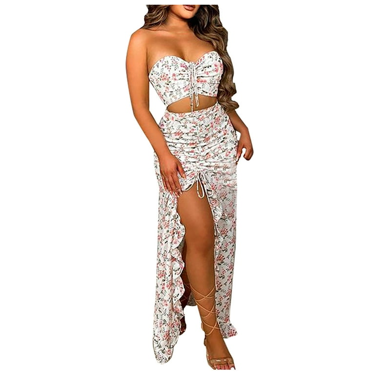 Summer 2 Piece Outfits for Women Vacation Floral Print Skirt Set Sexy Lace  Up Crop Top High Waisted Drawstring Skirt Womens Dresses for Wedding Guest