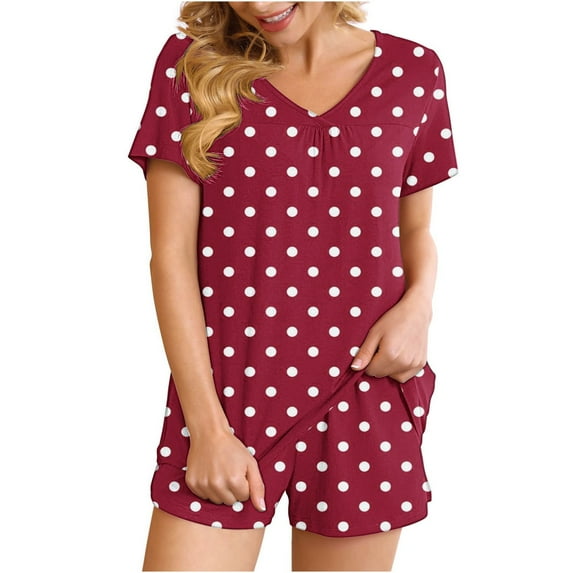 Summer 2 Piece Outfits for Women 2025 Polka Dots Short Sleeve V Neck Night Shirt and Shorts Sets Home Soft Pajamas (L, Red 01)