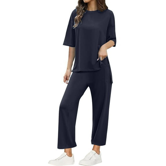 Summer 2 Piece Outfits for Women 2025 Casual Short Sleeve Sweatsuits Matching Wide Leg Tracksuits Lounge Sets