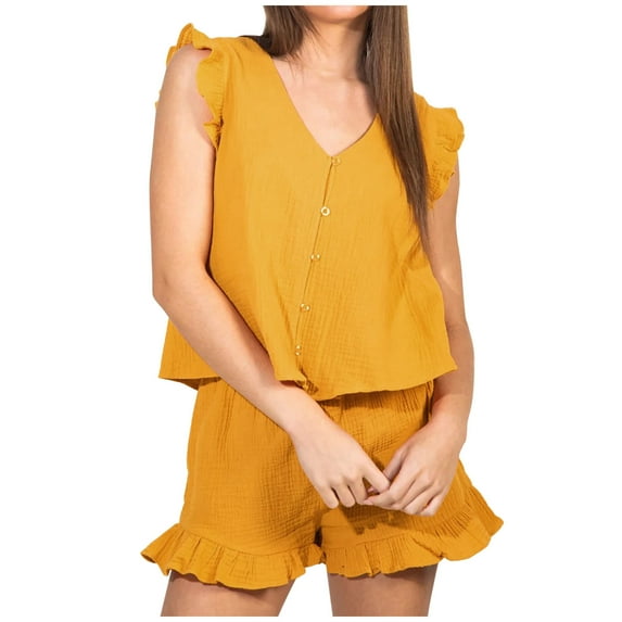 Summer 2 Piece Outfits for Women Casual Cute V Neck Ruffle Sleeveless Tank Tops and High Waisted Shorts Lounge Sets