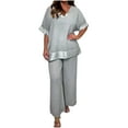 thumbnail image 1 of Summer 2 Piece Outfits for Women Plus Size Short Sleeve Crop Top Wide Leg Pants Linen Lounge Beach Travel Sets, 1 of 6