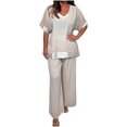thumbnail image 1 of Summer 2 Piece Outfits for Women Plus Size Short Sleeve Crop Top Wide Leg Pants Linen Lounge Beach Travel Sets, 1 of 7