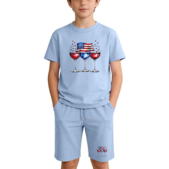 Summer 2 Piece Set For Kids Crew Neck Short Sleeve Tees Elastic Waist Shorts July 4th Print Casual Comfy Comfy (13 Years, Light Blue)