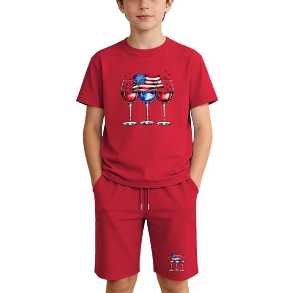 Summer 2 Piece Set For Kids Crew Neck Short Sleeve Tees Elastic Waist Shorts July 4th Print Casual Comfy Comfy (6 Years, Red)