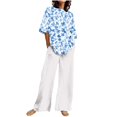 thumbnail image 1 of Summer 2 Piece Set for Women Loose Fit Solid Shirt with Wide Leg Pants Beach Vacation Outfits Matching Casual Sets, 1 of 5