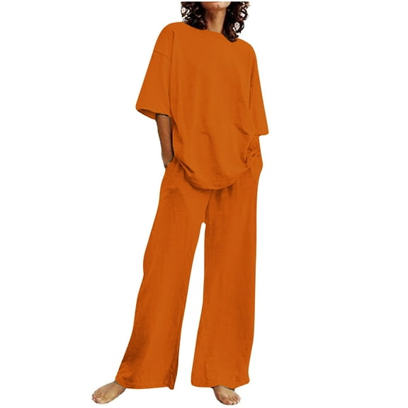 Summer 2 Piece Set for Women Loose Fit Solid Shirt with Wide Leg Pants Beach Vacation Outfits Matching Casual Sets