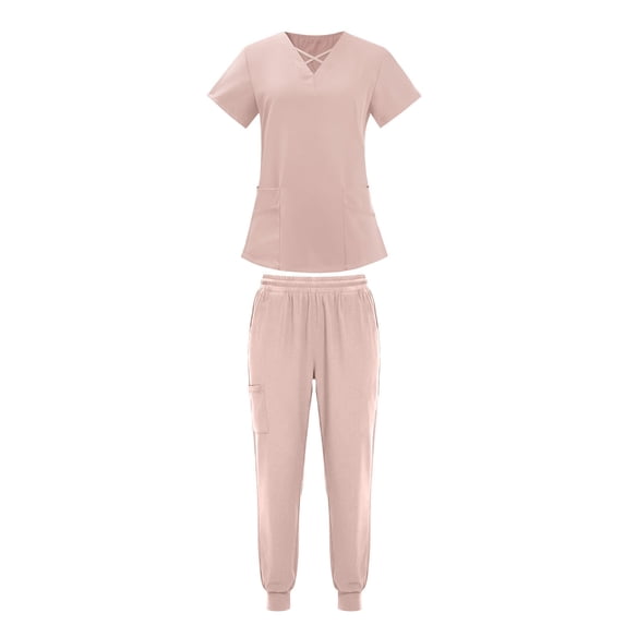 Summer 2 Piece Sets,Scrubs for Women Set Stretch Fit Scrub Top & Jogger Pants Medical Nurse Uniforms Set Multi Pocket