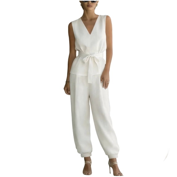 Summer 2 Piece Sets,Womens 2 Piece Outfits V Neck Tie Waist Tank Tops and Wide Leg Casual Pants Sets
