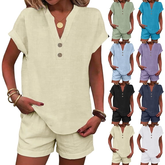 Summer 2 Piece Sets for Women 2026 Trendy Button Decor Tops, Drawstring Shorts Ladies 2 Piece Sets Beige S