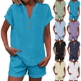 thumbnail image 1 of Summer 2 Piece Sets for Women 2026 Trendy Button Decor Tops, Drawstring Shorts Ladies 2 Piece Sets Blue XXL, 1 of 5