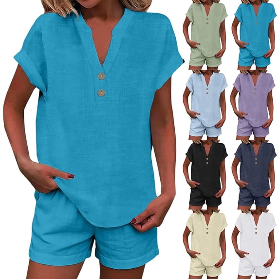 Summer 2 Piece Sets for Women 2026 Trendy Button Decor Tops, Drawstring Shorts Ladies 2 Piece Sets Blue XXL
