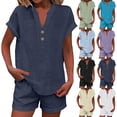 thumbnail image 1 of Summer 2 Piece Sets for Women 2026 Trendy Button Decor Tops, Drawstring Shorts Ladies 2 Piece Sets Navy L, 1 of 5