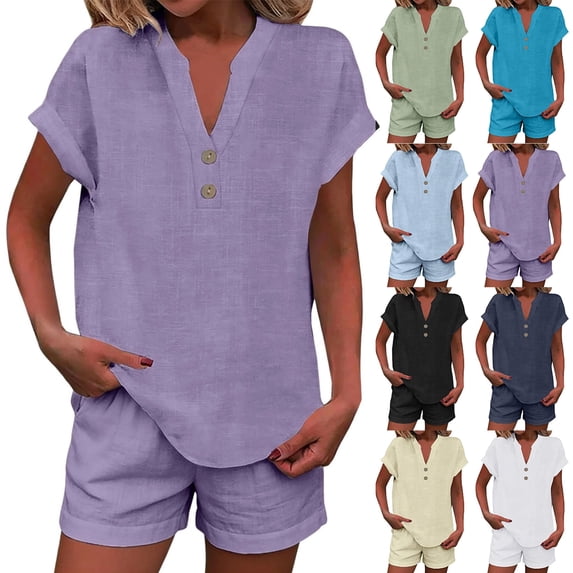 Summer 2 Piece Sets for Women 2026 Trendy Button Decor Tops, Drawstring Shorts Ladies 2 Piece Sets Purple L