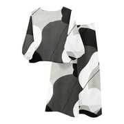 CHARELLA Summer 2 Piece Sets for Women Cotton Linen Loose Casual Suit Puff Sleeve Top and Wide Pants Color Block Loungewear (Black L)