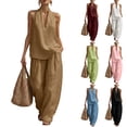 thumbnail image 1 of Summer 2 Piece Sets for Women V Neck Halter Tops and Pants Set Lightweight Two Piece Linen Lounge Sets with Pockets, L, 1 of 6