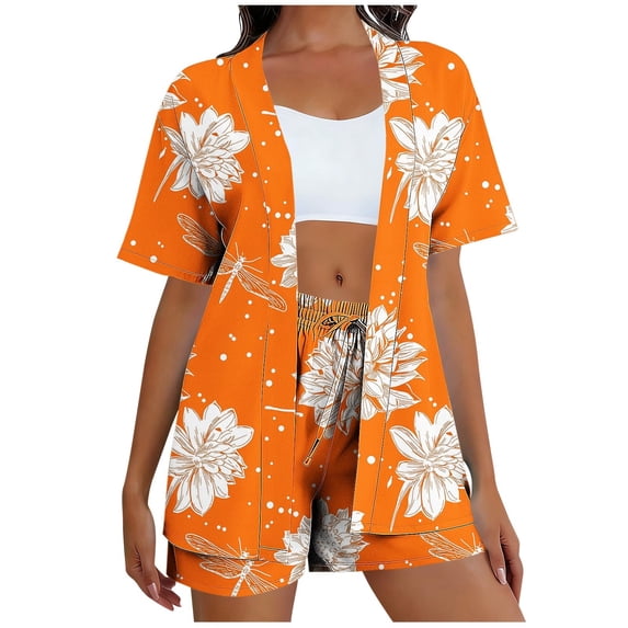 Summer 2 Piece of Outfits Casual Plus Size Loose Daily Casual Non Positioning Printed Casual Cardigan Shorts Short Sleeved Top Pants Pocket Setet