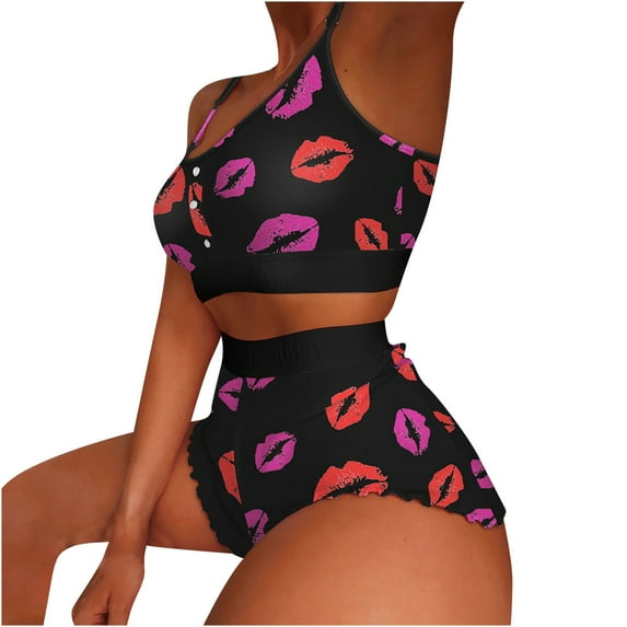 Summer 2 Pieces Outfits for Women Casual Print Spaghetti Straps Crop Camis and Frill Hem Shorts Lounge Set Sleepwear