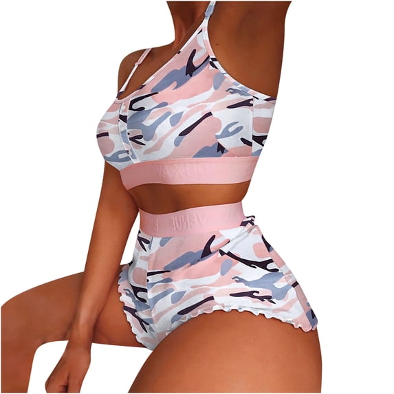 Summer 2 Pieces Outfits for Women Casual Print Spaghetti Straps Crop Camis and Frill Hem Shorts Lounge Set Sleepwear