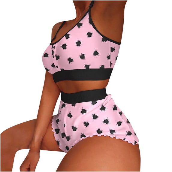 Summer 2 Pieces Outfits for Women Casual Print Spaghetti Straps Crop Camis and Frill Hem Shorts Lounge Set Sleepwear