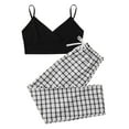 thumbnail image 1 of Summer 2 Pieces Outfits for Women Casual V Neck Spaghetti Straps Crop Camis and Plaid Drawstring Pants Tracksuits, 1 of 8