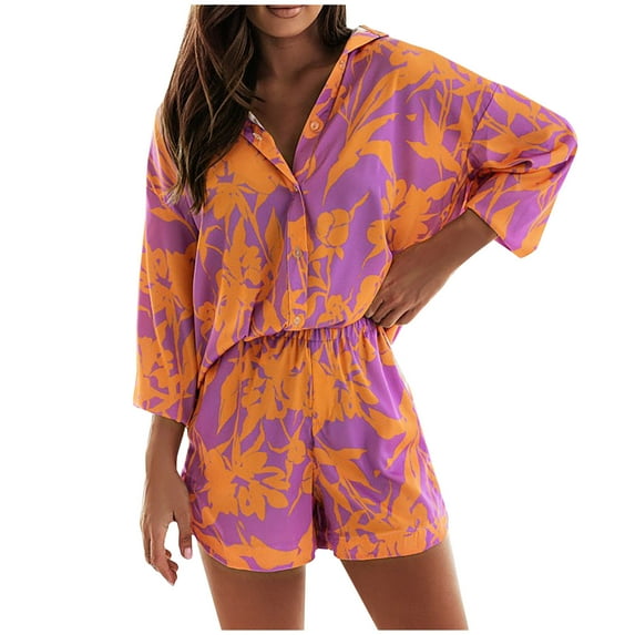 Summer 2 Pieces Outfits for Women Long Sleeve Button Down Shirts Tops with Loose Elastic Waist Shorts Lounge Suit Sets