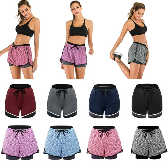 Summer 2-in-1 Running Shorts Athletic Yoga Elastic Waistband Sport Shorts with Pockets for Women Workout Running Athletic Riding Bike