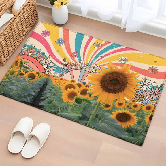 Summer 2'x3' Rug for Entryway Front Door Kitchen Sink Area, Abstract Cartoon Realistic Sunflowers Rainbows Patchwork Low Pile Washable Non Slip Rectangle Area Rug