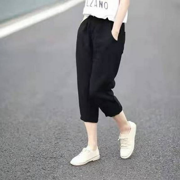 Summer 2024 New Casual Large Size Loose Linen Elastic Waist Cropped Pants Haren # 7090 # Pants Set for Women Casual Pant Suits for Women Casual with Sweater Womens Elastic Belted High Waist Casual