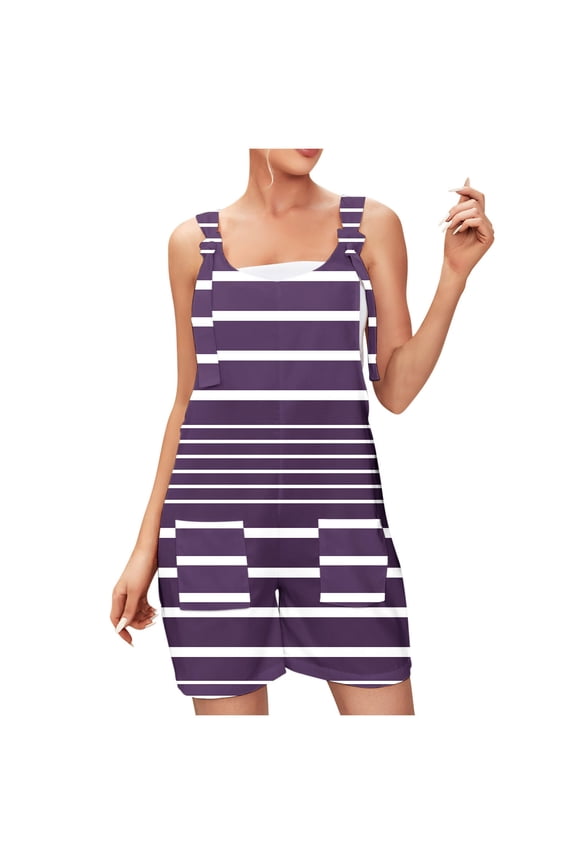 Summer 2025 Striped Womens Romper Shorts Sleeveless Keyhole Strap Casual Loose Beach Short Jumpsuits with Pockets (L, Purple)