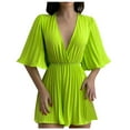 thumbnail image 1 of Summer 2024 Women Dressy Casual Romper Shorts Flare Half Sleeve Deep V Neck Pleated Sexy Jumpsuits Short Onesies (L, Yellow), 1 of 6