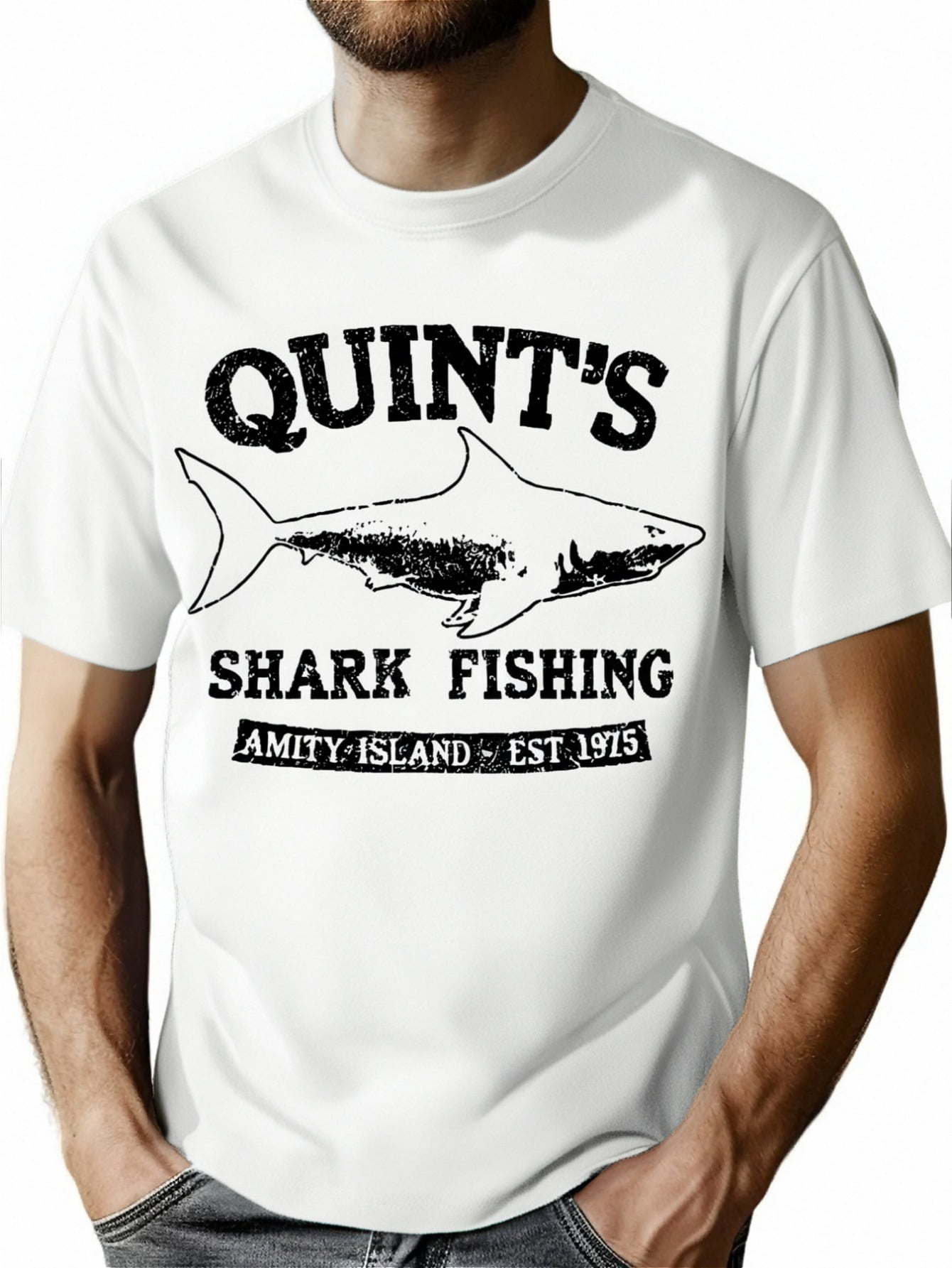 T-shirt Gildan 'Jaws' (Les Dents De La Mer) - Dessin Tableau Noir Requin Quint - Blanc/Vert - Neuf Avec étiquettes