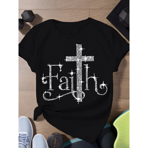 Summer 2025 Faith - Theme Women's Short Sleeve T-Shirt Embellished Cross Print Short Sleeve Sizes run large, we recommend ordering one size up.