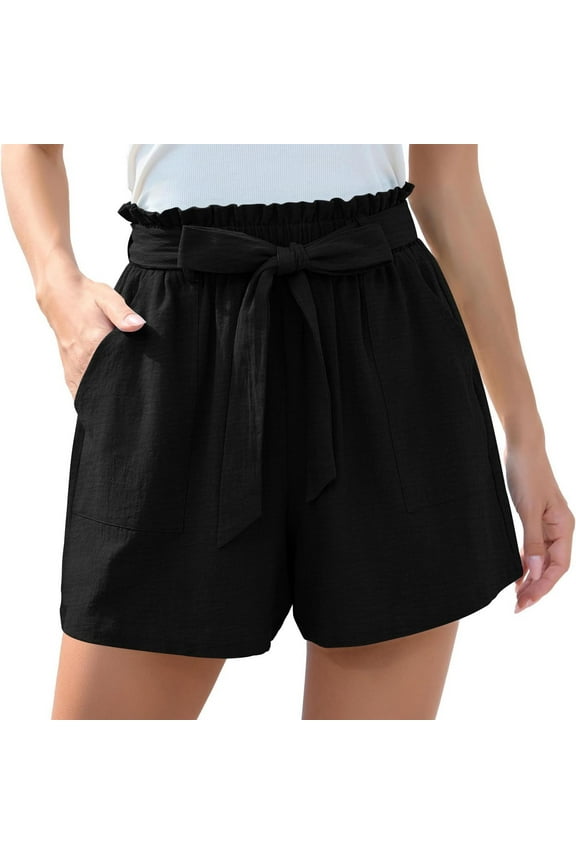 Summer 2025 Shorts for Women with Deep Pockets Tie Strap Elastic Waist Cooling Short Pants Wide Leg Casual Shorts (XXL, Black)