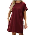 thumbnail image 1 of Summer 2025 Trendy Casual T Shirt Dress for Women Crew Neck Short Sleeve Loose Fit Knee Length Short Dress with Pockets Wine,S, 1 of 5