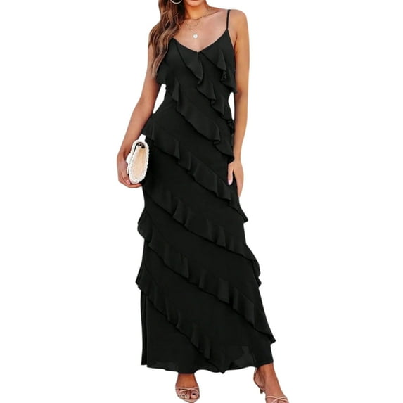 Women’s Black Spaghetti Strap Maxi Dress – Elegant V-Neck Backless Ruffle Hem Party Gown, Summer 2025