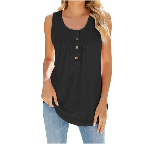 Summer 2025 Women's Tank Tops Sleeveless Round Neck Buttons Casual Loose Fit Solid Shirts Black S