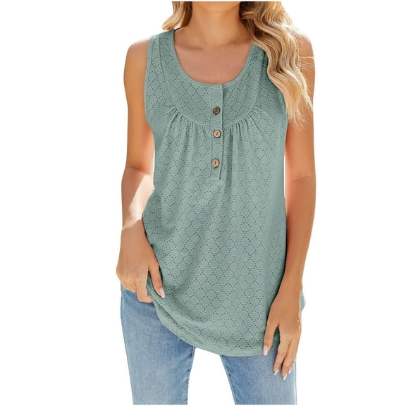 Summer 2025 Women's Tank Tops Sleeveless Round Neck Buttons Casual Loose Fit Solid Shirts Green XL