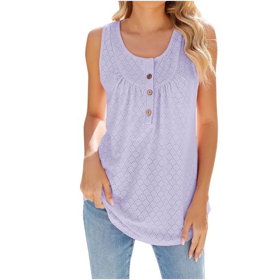 Summer 2025 Women's Tank Tops Sleeveless Round Neck Buttons Casual Loose Fit Solid Shirts Purple L