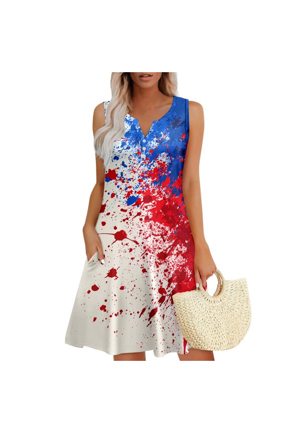 Summer 2026 Dresses for Women 250 Years Anniversary Dress Sleeveless 1776-2026 Fashion Casual Wrap V Neck A-Line Sundress with Pockets