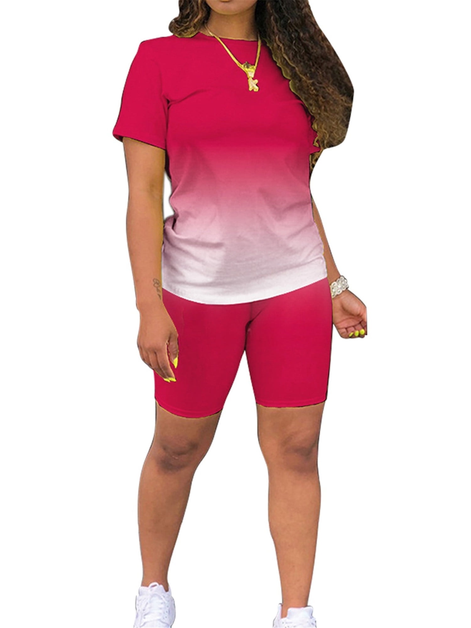 Summer 2pcs Outfits for Women Short Sleeve T-Shirts Bodycon Pants Shorts  Set Gradient Color Tracksuit Sportwear 