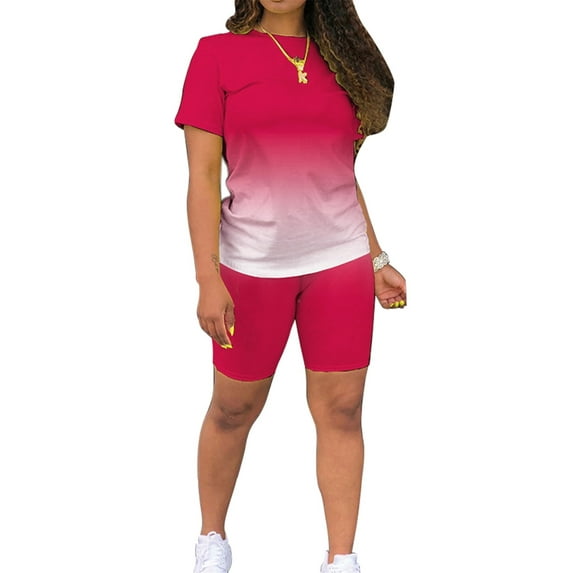 Summer 2pcs Outfits for Women Short Sleeve T-Shirts Bodycon Pants Shorts Set Gradient Color Tracksuit Sportwear