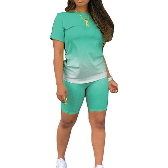Summer 2pcs Outfits for Women Short Sleeve T-Shirts Bodycon Pants Shorts Set Gradient Color Tracksuit Sportwear