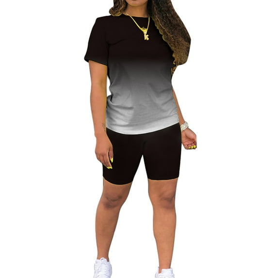 Summer 2pcs Outfits for Women Short Sleeve T-Shirts Bodycon Pants Shorts Set Gradient Color Tracksuit Sportwear